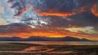 USA, Washington State, Seabeck. Vivid sunset panoramic over Hood Canal and Olympic Mountains. Art Print